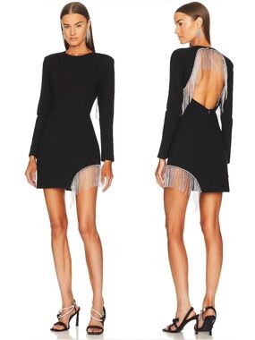ELLIATT Nebulous Dress Crystal Fringe Long Sleeve Mini Black Party Medium NEW